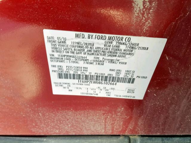 1FAHP2EW0BG102664 - 2011 FORD TAURUS SEL RED photo 10