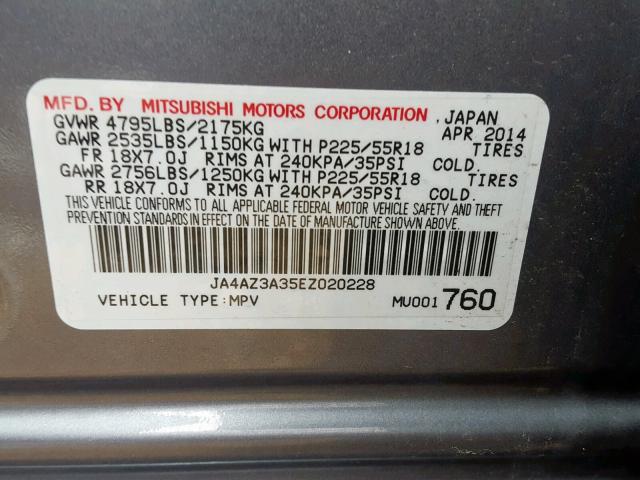 JA4AZ3A35EZ020228 - 2014 MITSUBISHI OUTLANDER GRAY photo 10