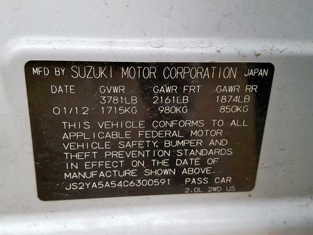 JS2YA5A54C6300591 - 2012 SUZUKI SX4 WHITE photo 10