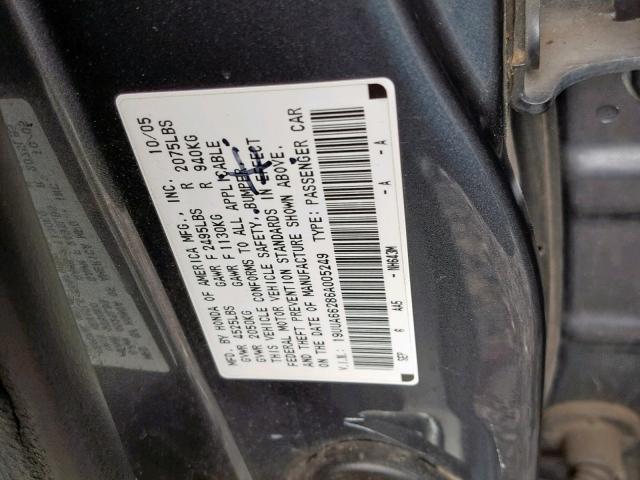 19UUA66286A005249 - 2006 ACURA 3.2TL GRAY photo 10