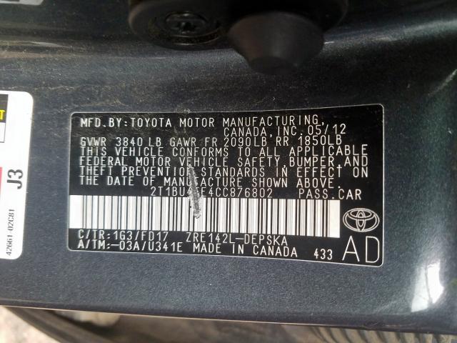 2T1BU4EE4CC876802 - 2012 TOYOTA COROLLA BASE  photo 10