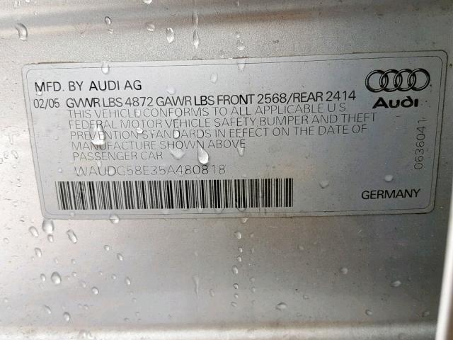 WAUDG58E35A480818 - 2005 AUDI A4 3.2 QUA SILVER photo 10