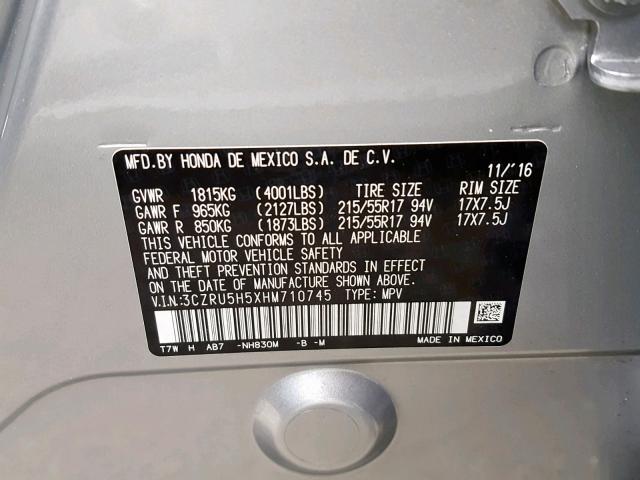 3CZRU5H5XHM710745 - 2017 HONDA HR-V EX SILVER photo 10