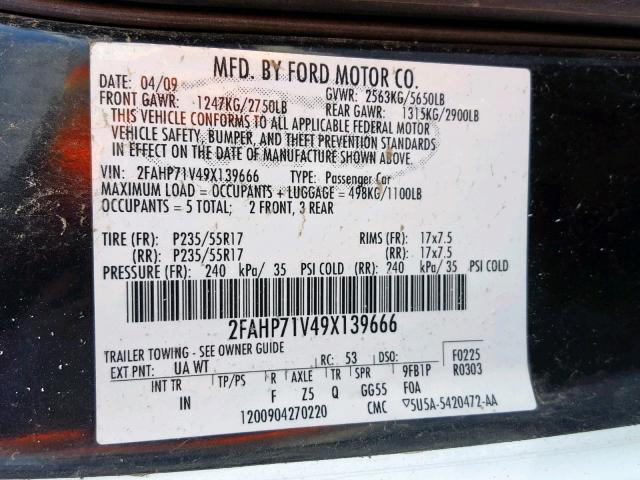 2FAHP71V49X139666 - 2009 FORD CROWN VICT BLACK photo 10