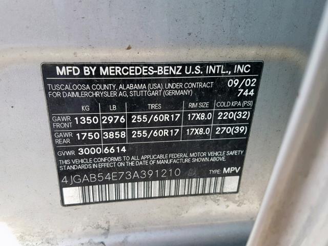 4JGAB54E73A391210 - 2003 MERCEDES-BENZ ML 320 SILVER photo 10