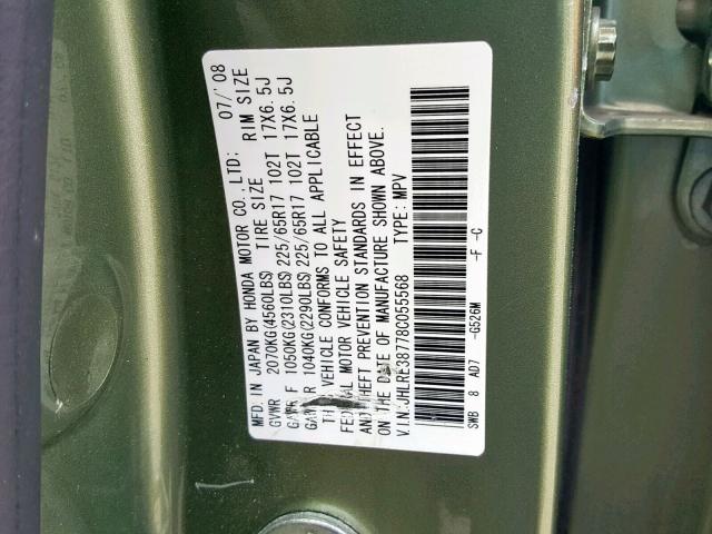 JHLRE38778C055568 - 2008 HONDA CR-V EXL GREEN photo 10