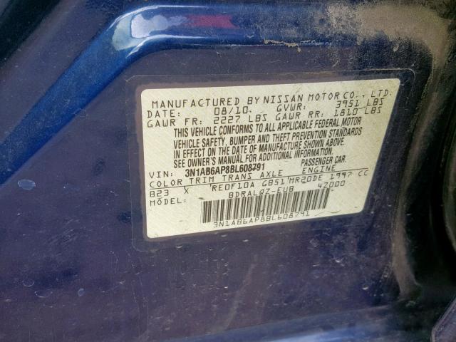 3N1AB6AP8BL608791 - 2011 NISSAN SENTRA 2.0 BLUE photo 10