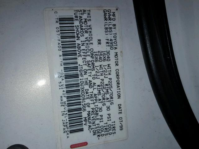 JT6HF10U3X0091566 - 1999 LEXUS RX 300 WHITE photo 10