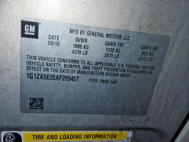 1G1ZA5E05AF289457 - 2010 CHEVROLET MALIBU LS GOLD photo 10