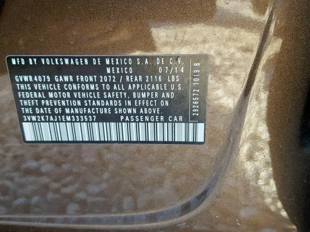 3VW2K7AJ1EM333537 - 2014 VOLKSWAGEN JETTA BASE BROWN photo 10