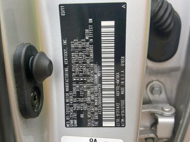 4T3ZA3BB6BU044426 - 2011 TOYOTA VENZA BASE SILVER photo 10