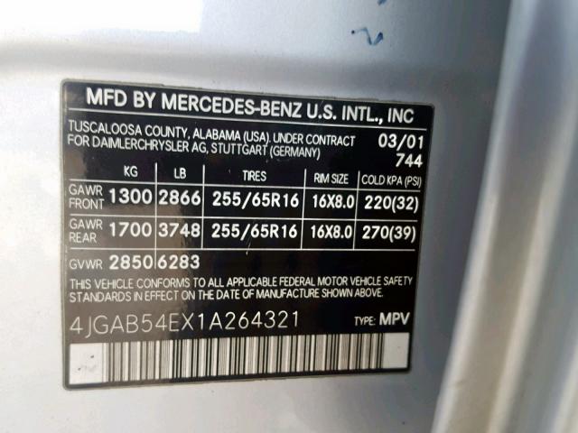 4JGAB54EX1A264321 - 2001 MERCEDES-BENZ ML 320 SILVER photo 10