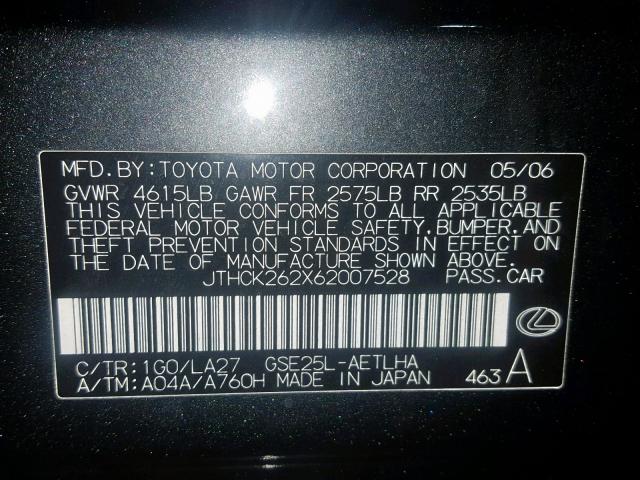 JTHCK262X62007528 - 2006 LEXUS IS 250 CHARCOAL photo 10