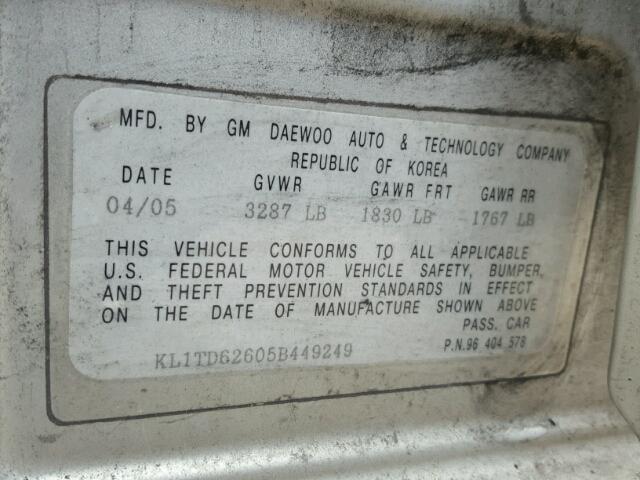 KL1TD62605B449249 - 2005 CHEVROLET AVEO BASE 灰色 照片 10