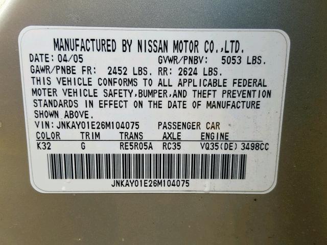 JNKAY01E26M104075 - 2006 INFINITI M35 BASE SILVER photo 10