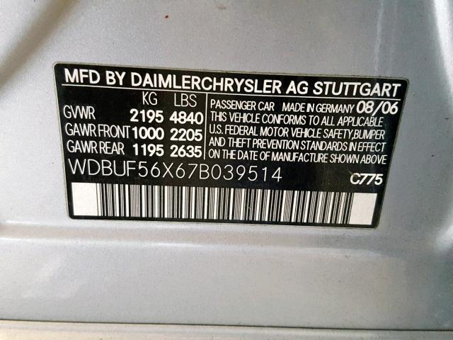 WDBUF56X67B039514 - 2007 MERCEDES-BENZ E 350 SILVER photo 10