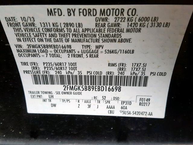 2FMGK5B89EBD16698 - 2014 FORD FLEX SE BLACK photo 10