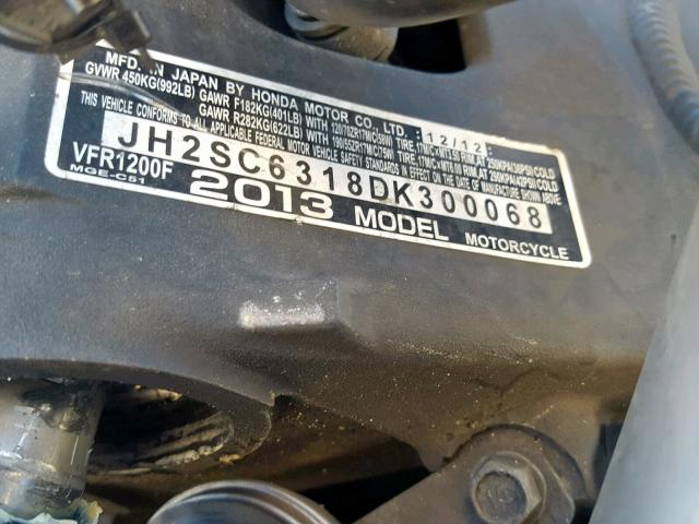 JH2SC6318DK300068 - 2013 HONDA VFR1200 F BLACK photo 10