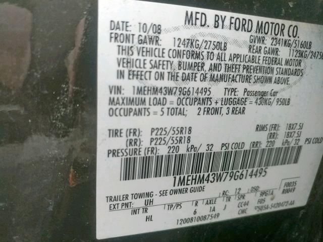 1MEHM43W79G614495 - 2009 MERCURY SABLE PREM BLACK photo 10