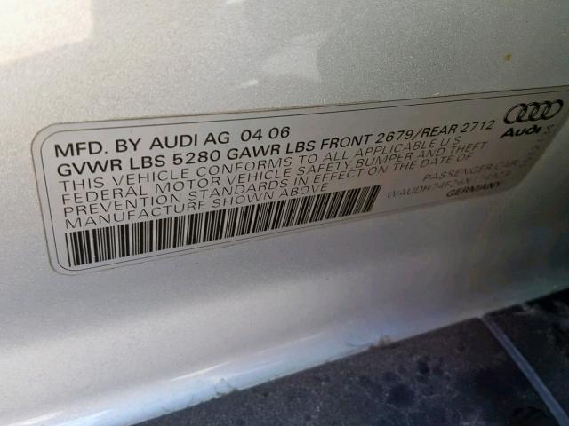 WAUDH74F26N174923 - 2006 AUDI A6 3.2 QUA SILVER photo 10