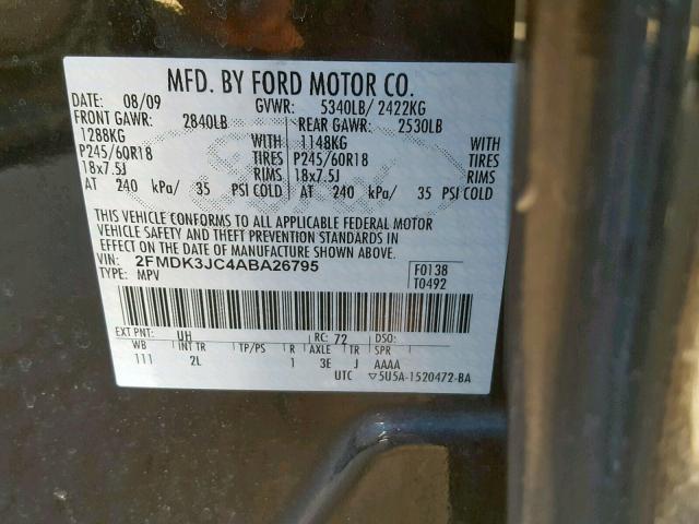 2FMDK3JC4ABA26795 - 2010 FORD EDGE SEL BLACK photo 10