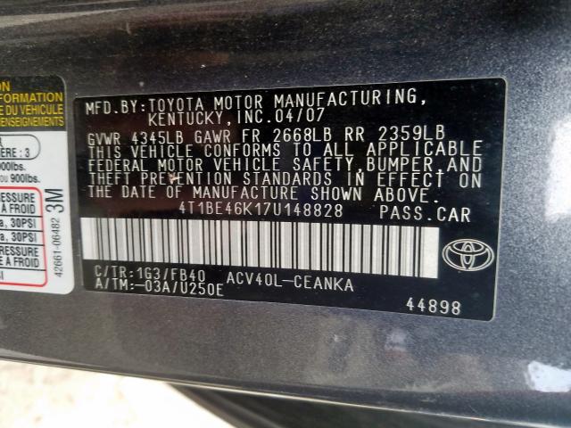 4T1BE46K17U148828 - 2007 TOYOTA CAMRY CE  photo 10