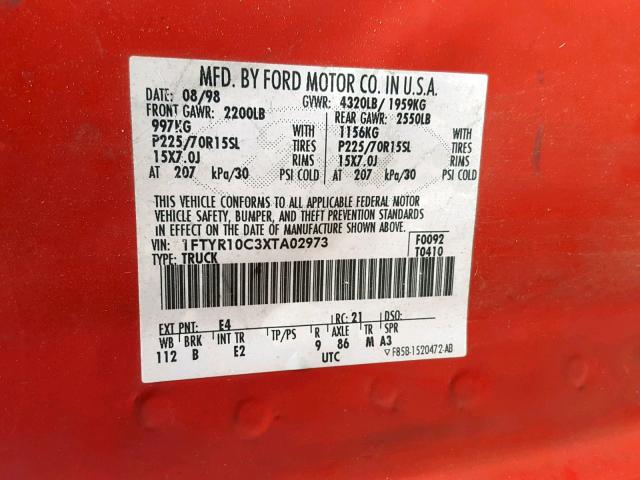 1FTYR10C3XTA02973 - 1999 FORD RANGER RED photo 10