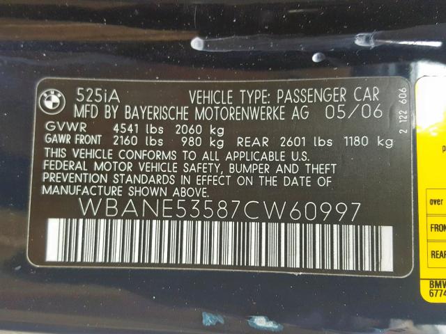 WBANE53587CW60997 - 2007 BMW 525 I BLUE photo 10