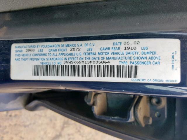 3VWSK69M13M005864 - 2003 VOLKSWAGEN JETTA GLS BLUE photo 10