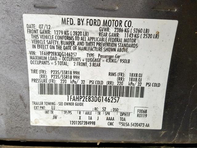 1FAHP2E83DG146257 - 2013 FORD TAURUS SEL GRAY photo 10