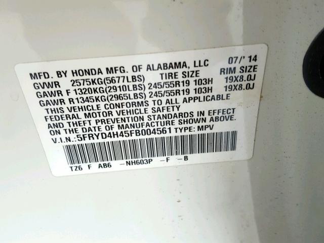 5FRYD4H45FB004561 - 2015 ACURA MDX TECHNO WHITE photo 10