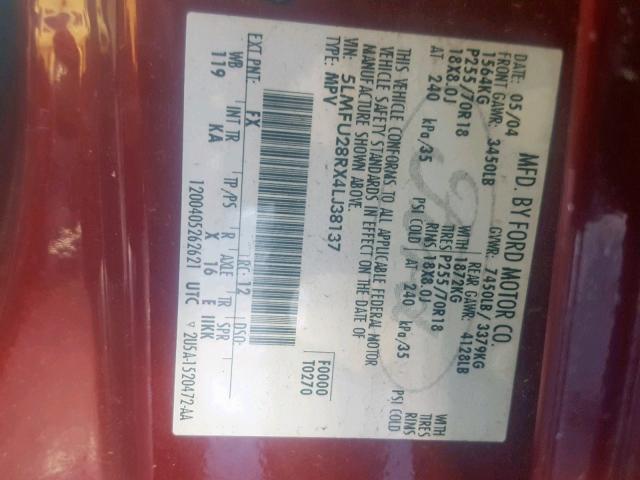 5LMFU28RX4LJ38137 - 2004 LINCOLN NAVIGATOR BURGUNDY photo 10