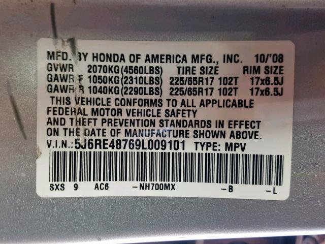 5J6RE48769L009101 - 2009 HONDA CR-V EXL SILVER photo 10