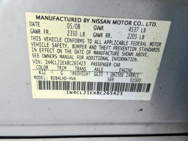 1N4CL21EX8C265423 - 2008 NISSAN ALTIMA HYB SILVER photo 10