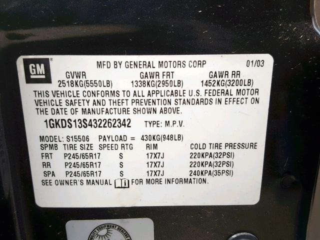 1GKDS13S432262342 - 2003 GMC ENVOY GRAY photo 10