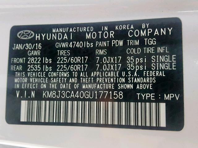 KM8J3CA40GU177158 - 2016 HYUNDAI TUCSON LIM WHITE photo 10