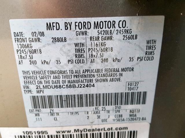 2LMDU68C58BJ22404 - 2008 LINCOLN MKX GRAY photo 10