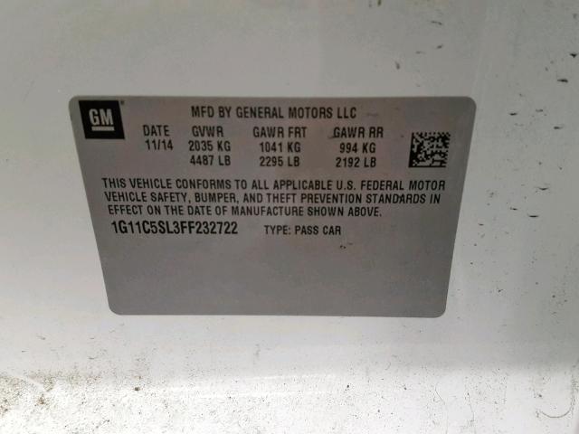 1G11C5SL3FF232722 - 2015 CHEVROLET MALIBU 1LT თეთრი ფოტო 10