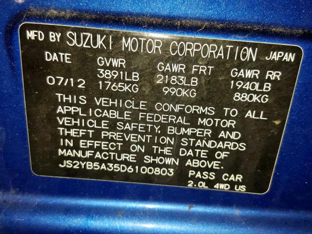 JS2YB5A35D6100803 - 2013 SUZUKI SX4 BLUE photo 10