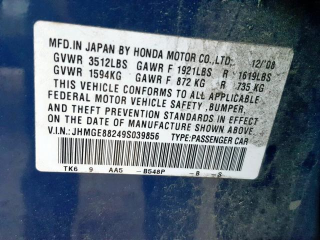 JHMGE88249S039856 - 2009 HONDA FIT BLUE photo 10