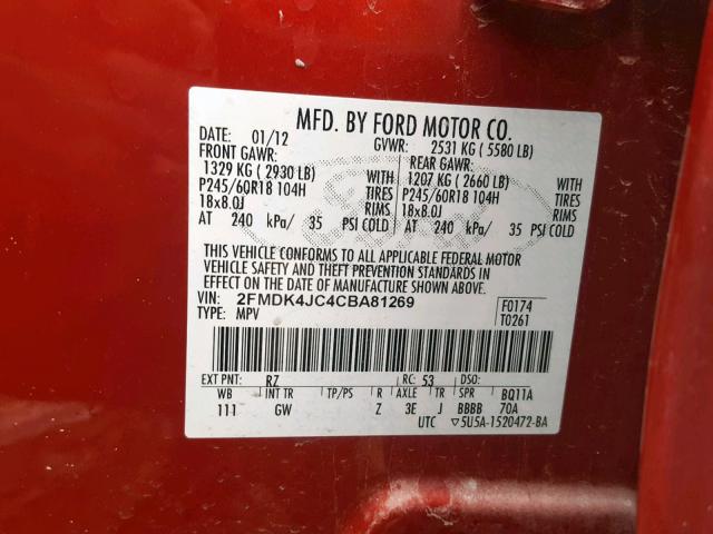 2FMDK4JC4CBA81269 - 2012 FORD EDGE SEL RED photo 10