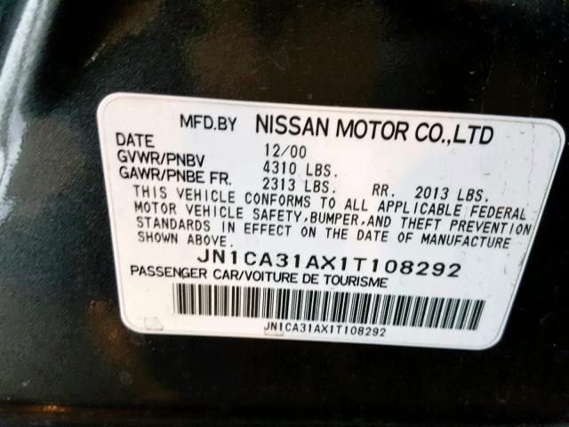 JN1CA31AX1T108292 - 2001 NISSAN MAXIMA GXE CHARCOAL photo 10