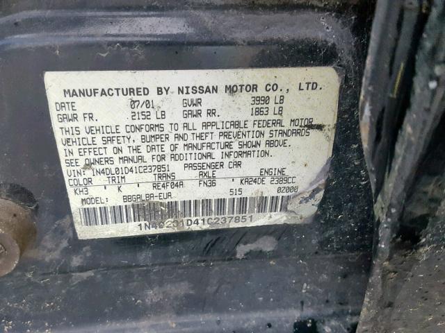 1N4DL01D41C237851 - 2001 NISSAN ALTIMA XE BLACK photo 10