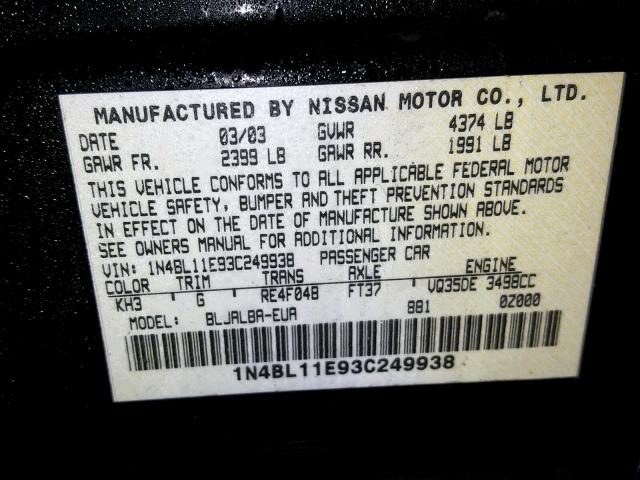 1N4BL11E93C249938 - 2003 NISSAN ALTIMA SE BLACK photo 10