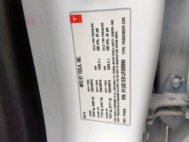 5YJ3E1EB1JF099994 - 2018 TESLA MODEL 3 WHITE photo 10