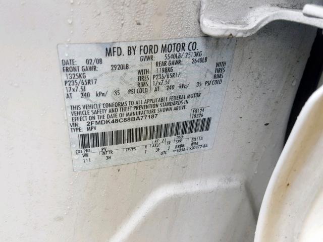 2FMDK48C88BA77187 - 2008 FORD EDGE SEL CREAM photo 10