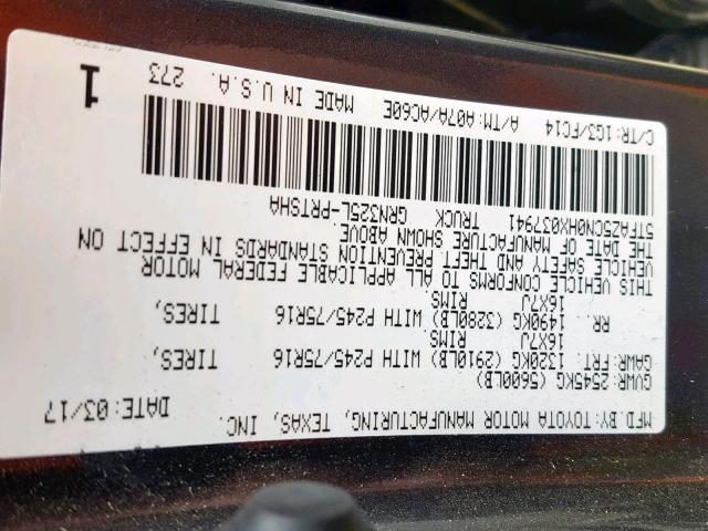 5TFAZ5CN0HX037941 - 2017 TOYOTA TACOMA DOU GRAY photo 10