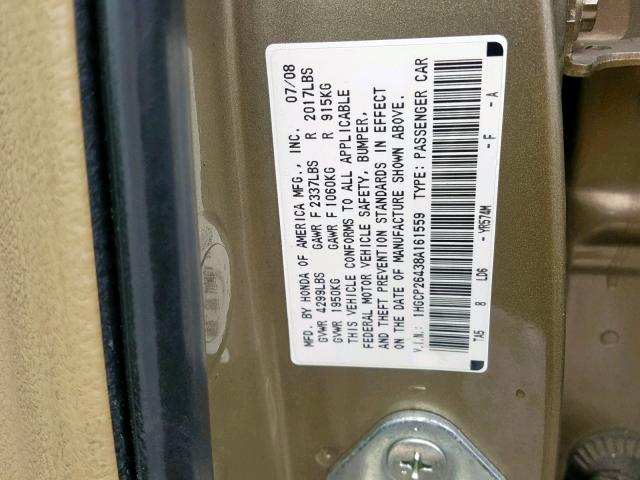 1HGCP26438A161559 - 2008 HONDA ACCORD LXP GOLD photo 10