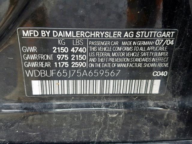 WDBUF65J75A659567 - 2005 MERCEDES-BENZ E 320 BLACK photo 10