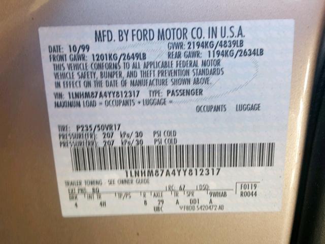 1LNHM87A4YY812317 - 2000 LINCOLN LS GOLD photo 10